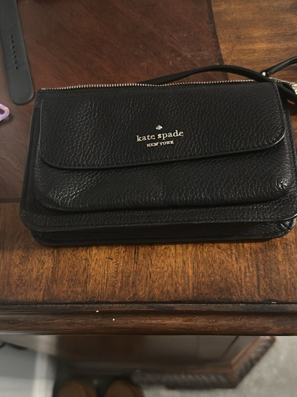 kate spade Black Pebbled Leather Crossbody Bag with Gold Logo